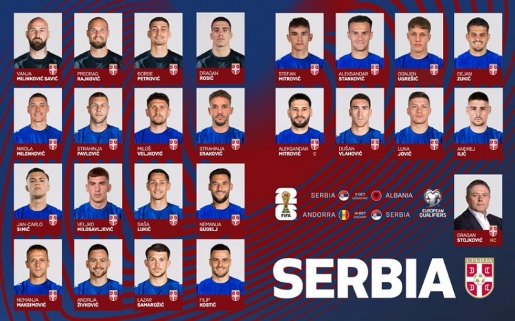 塞尔维亚公布名单：弗拉霍维奇领衔，A-斯坦科维奇首次入选国家队